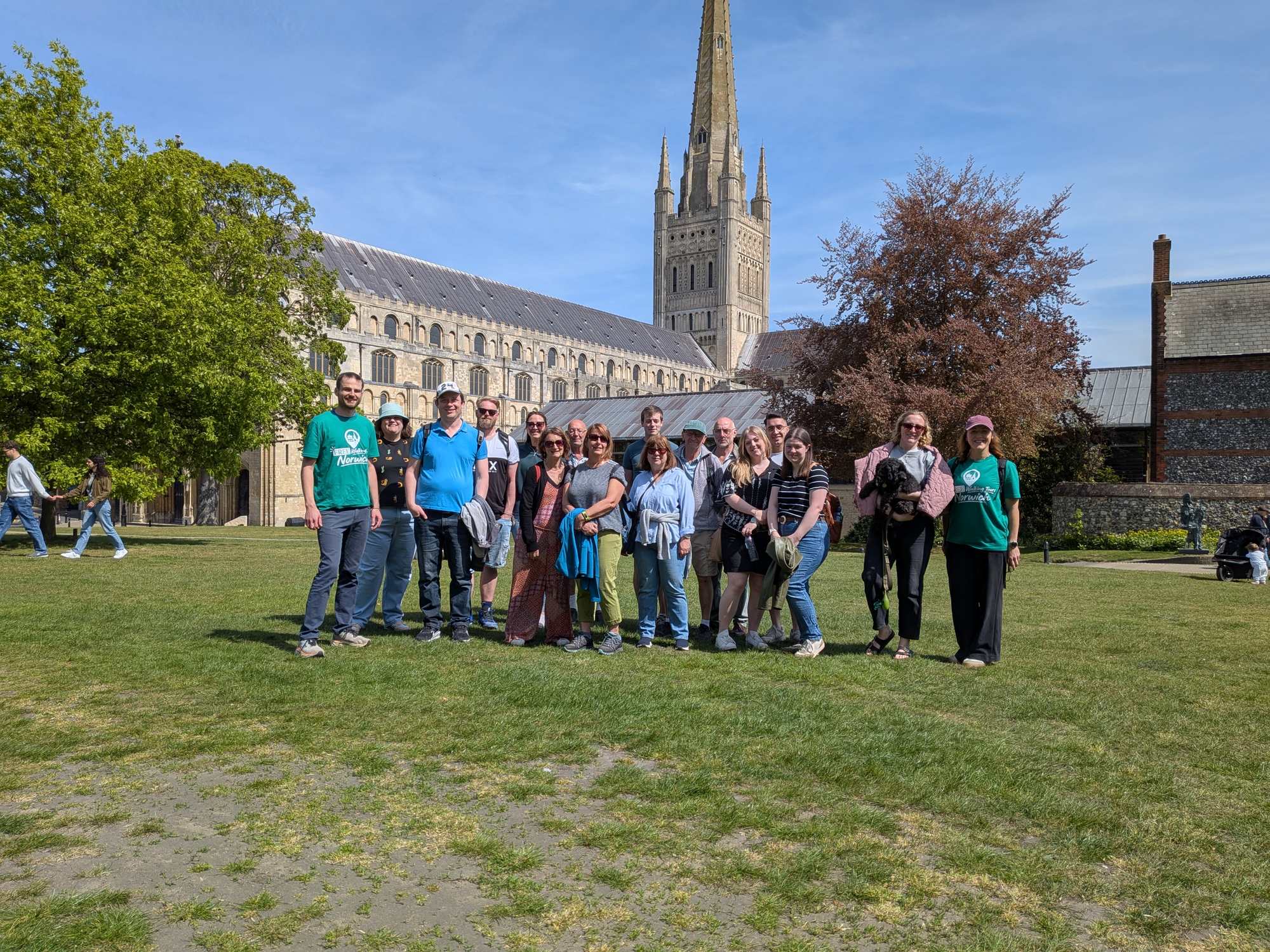Tour group walking through Norwich city centre on the Norwich Free Walking Tour